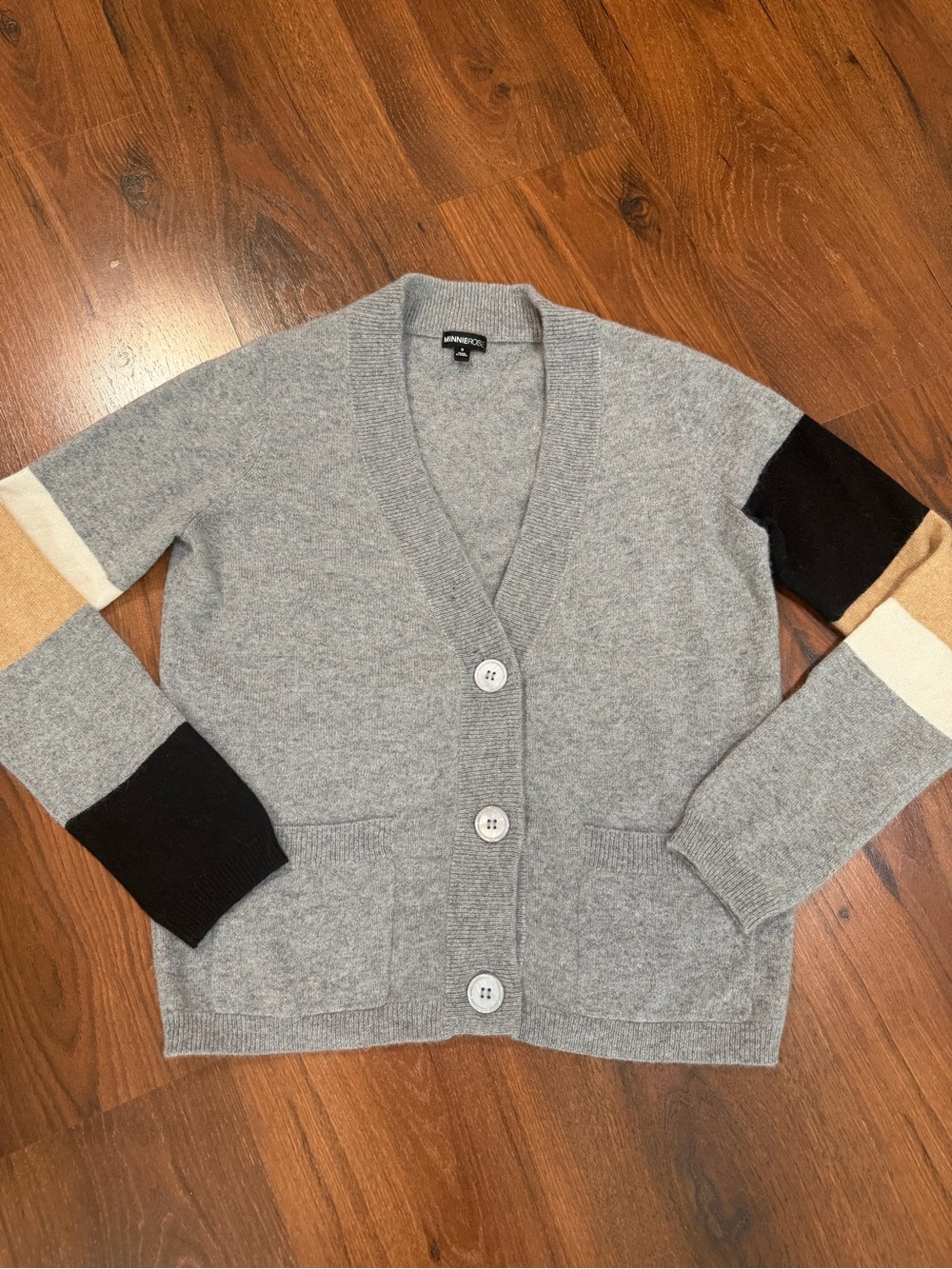 Minnie Rose 100% cashmere gray racing stripe cardigan sweater pockets Sz S